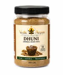 Jar of Vedic Arpan Dhuni herbal resin mix (100 g) with 51 herbs powder—Pure Natural Traditional on the label, clear glass container with black lid.