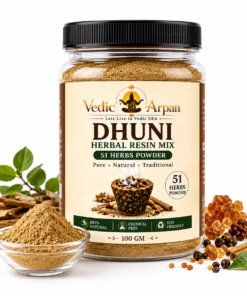 Jar labeled DHUNI Herbal Resin Mix, 51 herbs powder, with piles of powder and spices around it on a white background.