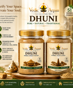 Two jars of DHUNI herbal resin powders with gold lids on a wooden surface, labeled Vedic Arpan and 51 Herbs Powder, cream background.
