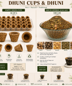 Infographic of Dhuni Cups & Dhuni Herbal Resin Mix: 30 empty cups on left and 100 gm resin mix on right, with care, materials, and usage notes beneath.