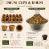 Poster showing Dhuni Cups & Dhuni: 30 natural herbal cups on the left and 100 g herbal resin mix in a glass bowl on the right.