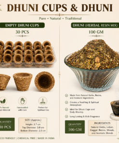 Poster showing Dhuni Cups & Dhuni: 30 natural herbal cups on the left and 100 g herbal resin mix in a glass bowl on the right.