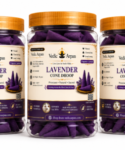 Three Lavender Cone Dhoop incense jars from Vedic Arpan with orange caps, arranged in a row on a white background