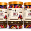 Three transparent jars with orange lids filled with colorful incense cones labeled MIX Cone Dhoop.