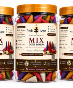 Three transparent jars with orange lids filled with colorful incense cones labeled MIX Cone Dhoop.