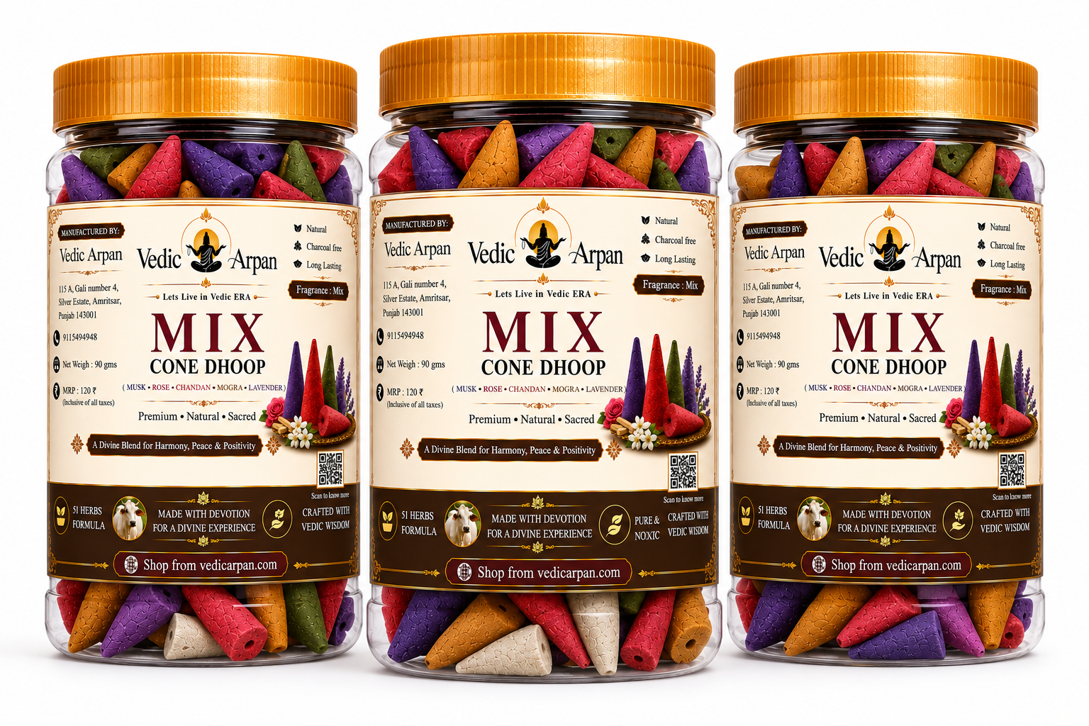Three transparent jars with orange lids filled with colorful incense cones labeled MIX Cone Dhoop.