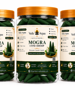 Three jars of Mogra Cone Dhoop incense by Vedic Arpan with orange lids and visible green cones inside.