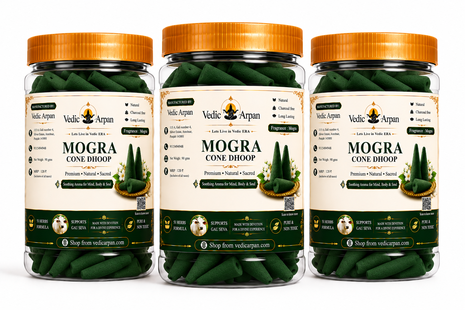 Three jars of Mogra Cone Dhoop incense by Vedic Arpan with orange lids and visible green cones inside.